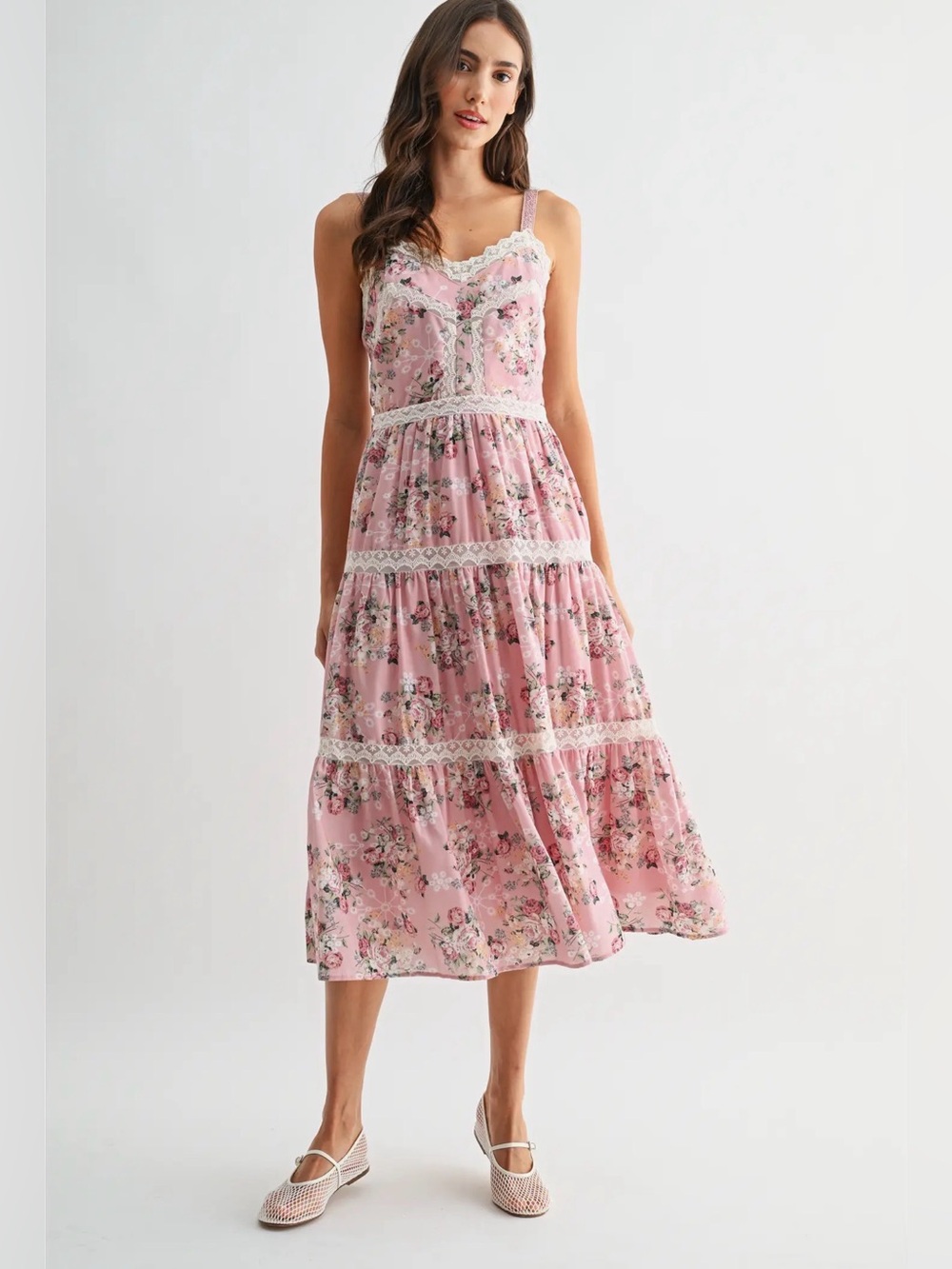 Gorgeous Floral Lace-Trim Pink Midi Dress s-L